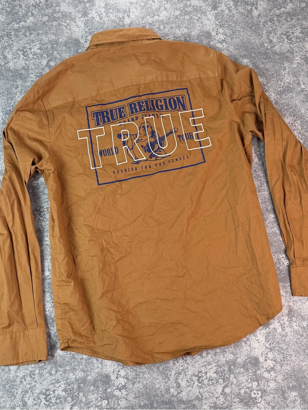 True Religion Men's Button-Down Shirt in Caramel Brown with Navy Logo